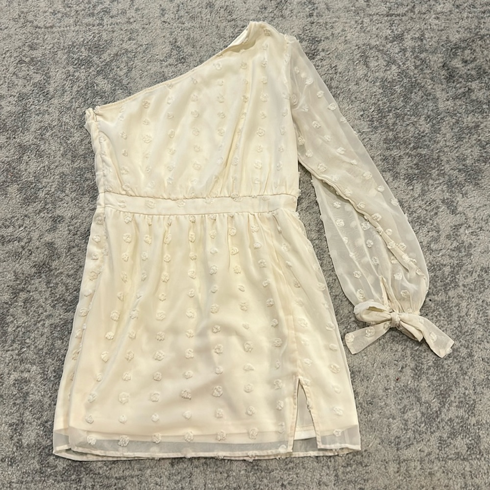 Cream One Shoulder Long Sleeve Dress